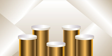 Five Golden 3d cylinder set front view and level isolated on light cream color background.のイラスト素材