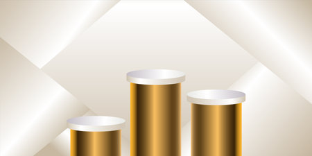 Three Golden 3d cylinder set front view and level isolated on light cream color background.のイラスト素材