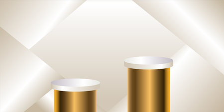 Two Golden 3d cylinder set front view and level isolated on light cream color background.のイラスト素材