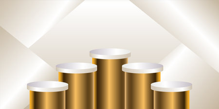 Five Golden 3d cylinder set front view and level isolated on light cream color background.のイラスト素材