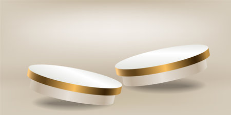 Two Gold 3d cylinder set front view and level isolated on light cream color background.のイラスト素材