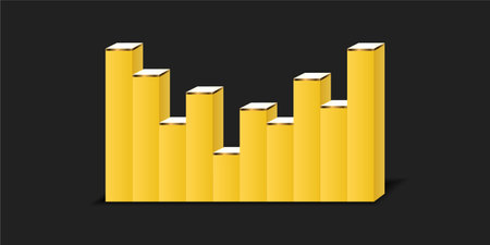 Cube block bar graph steps with yellow color, isolated on dark background, investment, income, trend, inflation, business growth, economic improvement concept.のイラスト素材