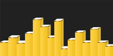 Cube block bar graph steps with yellow color, isolated on dark background, investment, income, trend, inflation, business growth, economic improvement concept.のイラスト素材