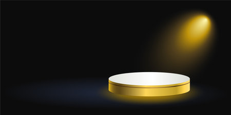 Gold product podium with bright light background. Geometric tube round shape for product branding. golden cylinder vector illustrationのイラスト素材