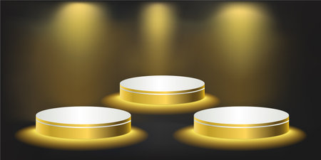 Three Gold product podium with bright light background. Geometric tube round shape for product branding. golden cylinder vector illustrationのイラスト素材