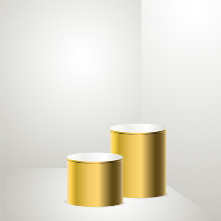 Two Gold product Podiums on a light gray background. Geometric tube round shape for product branding. golden cylinder vector illustrationのイラスト素材