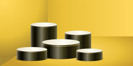 Dark color product podium on yellow background. Five Geometric tube round shape for product branding. vector illustrationのイラスト素材