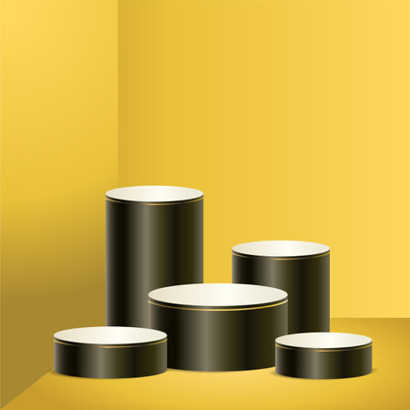 Dark color product podium on yellow background. Five Geometric tube round shape for product branding. vector illustrationのイラスト素材
