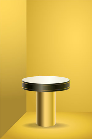 Dark color product podium on yellow background. Geometric tube round shape for product branding. vector illustrationのイラスト素材