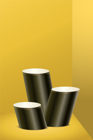 Dark color product podium on yellow background. Three Geometric tube round shape for product branding. vector illustrationのイラスト素材