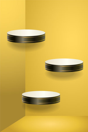 Dark color product podium on yellow background. Three Geometric tube round shape for product branding. vector illustrationのイラスト素材
