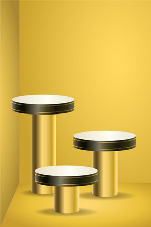 Dark color product podium on yellow background. Three Geometric tube round shape for product branding. vector illustrationのイラスト素材
