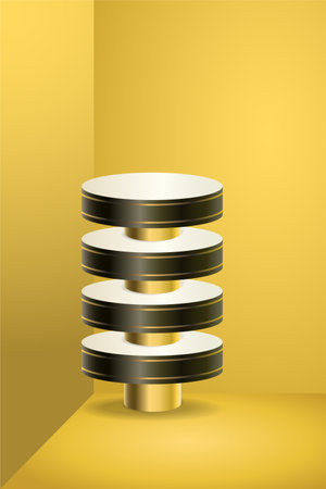 Dark color product podium on yellow background. Geometric tube round shape for product branding. vector illustrationのイラスト素材