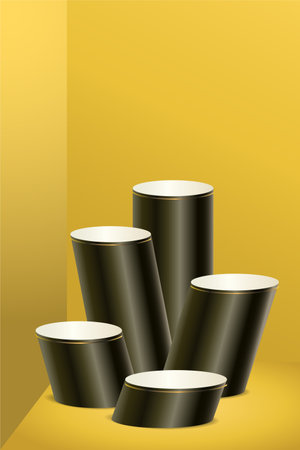 Dark color product podium on yellow background. Five Geometric tube round shape for product branding. vector illustrationのイラスト素材