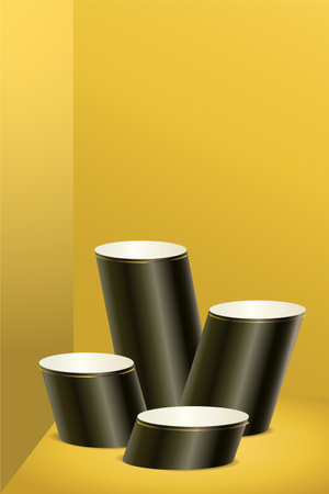 Dark color product podium on yellow background. Four Geometric tube round shape for product branding. vector illustrationのイラスト素材