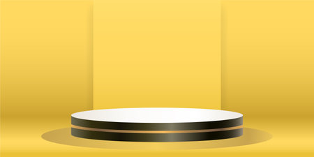 Gold and Dark color product podium on yellow background. Geometric tube round shape for product branding. vector illustrationのイラスト素材