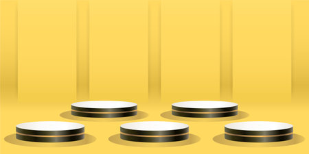 Gold and Dark color product podium on yellow background. Five Geometric tube round shape for product branding. vector illustrationのイラスト素材