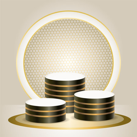 Gold and Dark color product podium with bright ligh. Geometric tube round shape for product branding. vector illustrationのイラスト素材