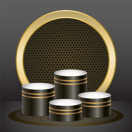 Dark and gold color product podium with Dark color background. Four Geometric tube round shape for product branding. vector illustrationのイラスト素材