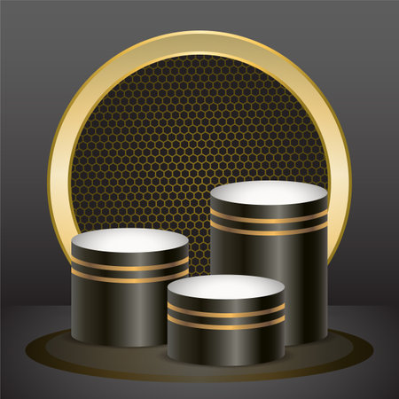 Dark and gold color product podium with Dark color background. Three Geometric tube round shape for product branding. vector illustrationのイラスト素材
