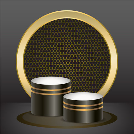 Dark and gold color product podium with Dark color background. Two Geometric tube round shape for product branding. vector illustrationのイラスト素材