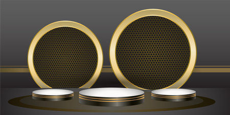 Dark and gold color product podium with Dark color background. Three Geometric tube round shape for product branding. vector illustrationのイラスト素材