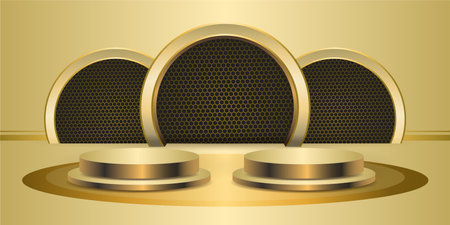 Two Golden product Podiums on with gold color background. Geometric tube round shape for product branding. golden cylinder vector illustrationのイラスト素材