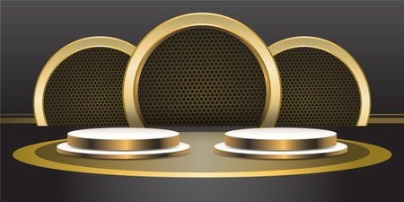 Two Golden product Podiums on with Dark color background. Geometric tube round shape for product branding. golden cylinder vector illustrationのイラスト素材