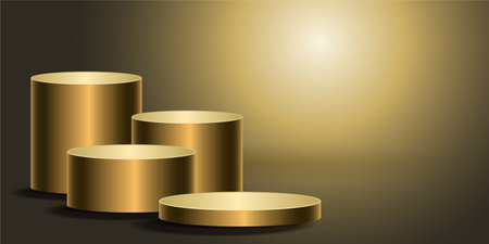 Four Golden product Podiums on with gold background. Geometric tube round shape for product branding. golden cylinder vector illustrationのイラスト素材