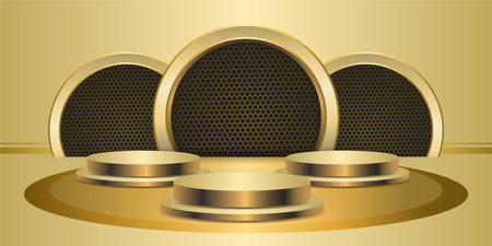 Three Golden product Podiums on with gold color background. Geometric tube round shape for product branding. golden cylinder vector illustrationのイラスト素材