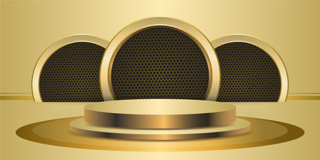 Two Golden product Podiums on with gold color background. Geometric tube round shape for product branding. golden cylinder vector illustrationのイラスト素材
