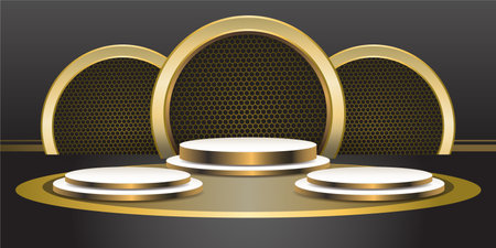 Three Golden product Podiums on with Dark color background. Geometric tube round shape for product branding. golden cylinder vector illustrationのイラスト素材
