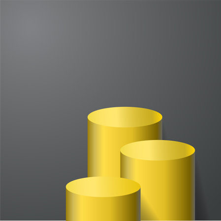 Three Yellow product podium with grey background. Geometric tube round shape for product branding.  vector illustrationのイラスト素材