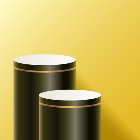Black product podium with Yellow background. Geometric tube round shape for product branding.  vector illustrationのイラスト素材