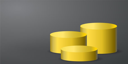 Three Yellow product podium with grey background. Geometric tube round shape for product branding.  vector illustrationのイラスト素材