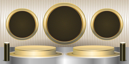 Two Podium platform for product presentation on beige background. Online shopping concept with light cream colorsのイラスト素材