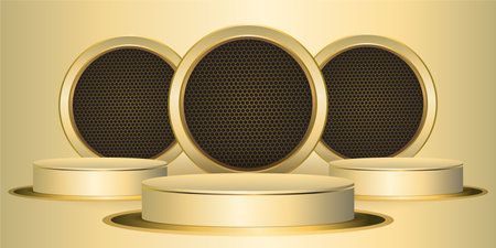 Three Podium platform for product presentation on beige background. Online shopping concept with light cream colorsのイラスト素材