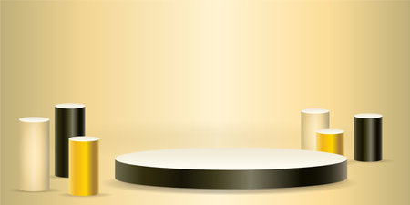 Black Friday podium platform for product presentation on beige background. Online shopping concept with gift tubes and black yellow colorsのイラスト素材