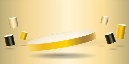 Black Friday podium platform for product presentation on beige background. Online shopping concept with gift tubes and black yellow colorsのイラスト素材