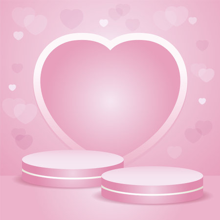 Two Pink podium with heart shape symbol background. Valentine minimal scene for products showcase, Promotion display. Vector abstract studio room design.のイラスト素材