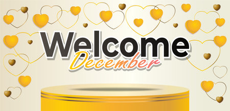 Welcome December background with golden hearts and podium for product presentation. Vector illustrationのイラスト素材