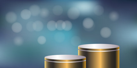 Gold podium on blue bokeh background. Product presentation. Vector illustrationのイラスト素材