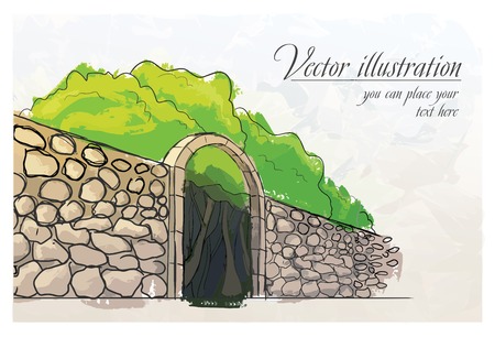 Stone wall in a garden  Watercolor imitation  Vector illustrationのイラスト素材