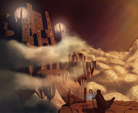 Dark castle in clouds  Fairytale  Fantasy landscape  Vector illustrationのイラスト素材