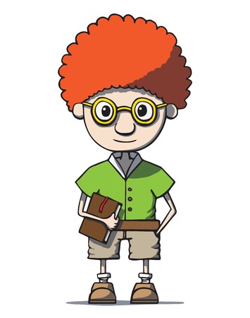 Funny cartoon redhead nerd genius in glasses with bookのイラスト素材