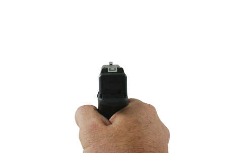 An isolated shooters view amaing a handgunの写真素材