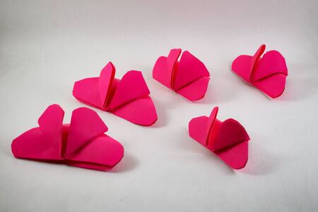 Paper Handmade Pink butterflies on a white background. Love and Valentine's day concept. Top view â Delhi, India .の写真素材