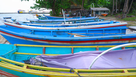 Arrangement Of Traditional Fishing Boats On The Coast Of Tanjung Kalian, Indonesiaの写真素材