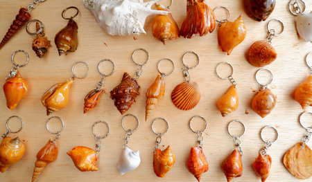 A Collection Of Key Chains Made From Sea Snail Shellsの写真素材