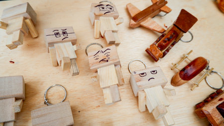 Handmade Key Chain Decorations, With Various Characters Made Of Woodの写真素材